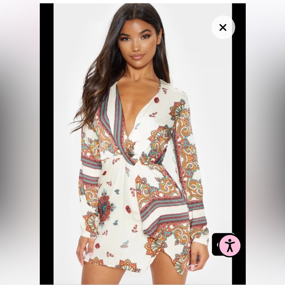PrettyLittleThing Dresses & Skirts - PrettyLittleThing White Printed Mini Silky Long Sleeved Wrap Dress NWT Size 8🤍